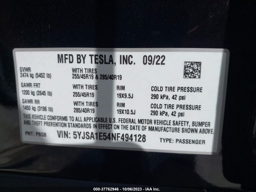 5YJSA1E54NF494128 2022 Tesla Model S