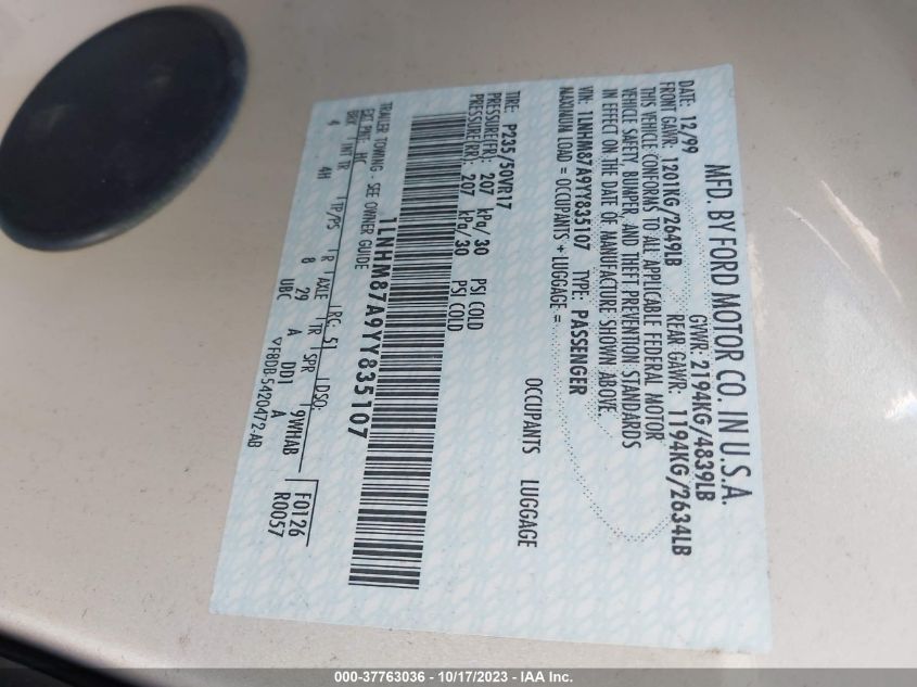 2000 Lincoln Ls VIN: 1LNHM87A9YY835107 Lot: 37763036