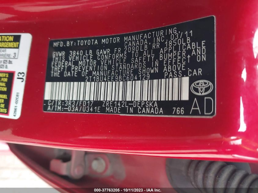 2T1BU4EE9BC604129 2011 Toyota Corolla S