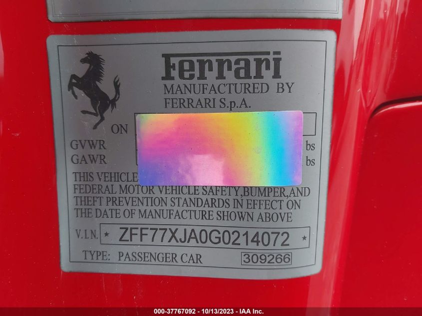 2016 Ferrari California T VIN: ZFF77XJA0G0214072 Lot: 37767092