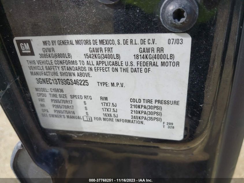 2003 Chevrolet Avalanche VIN: 3GNEC13T93G346225 Lot: 37768251