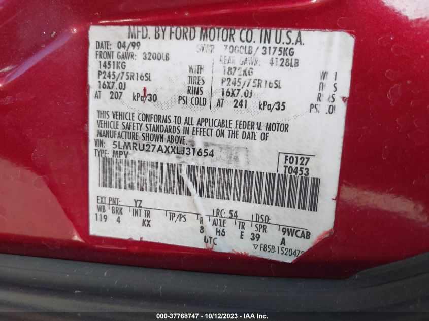 1999 Lincoln Navigator VIN: 5LMRU27AXXLJ31654 Lot: 37768747