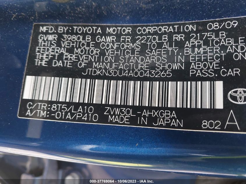 2010 Toyota Prius Ii/Iii/Iv/V/I VIN: JTDKN3DU4A0043265 Lot: 37769064