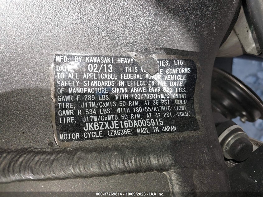 2013 Kawasaki Zx636 E VIN: JKBZXJE16DA005915 Lot: 37769814