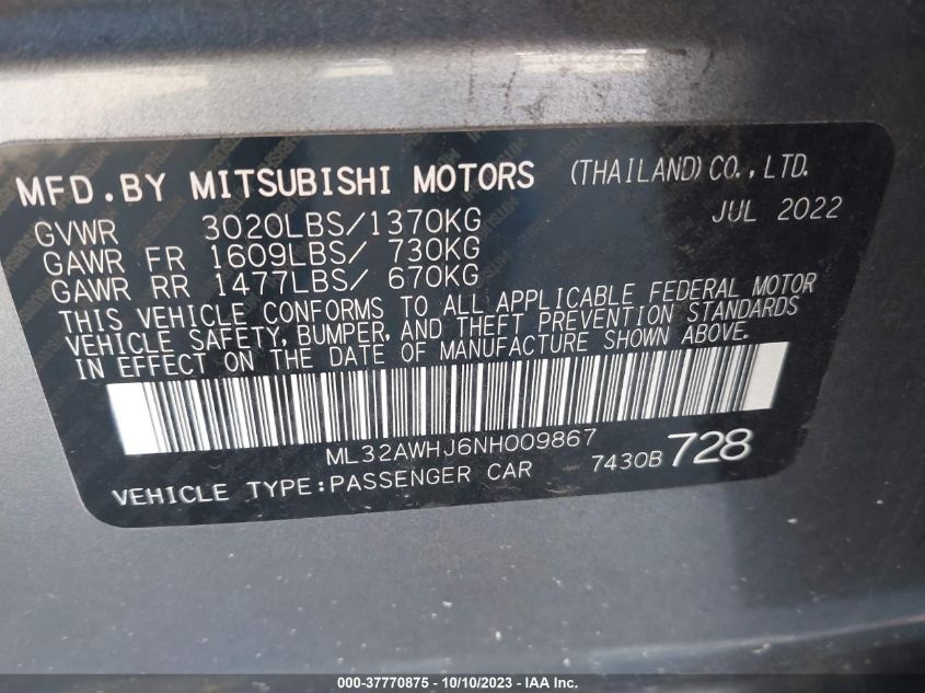 2022 Mitsubishi Mirage Se/Black Edition VIN: ML32AWHJ6NH009867 Lot: 37770875