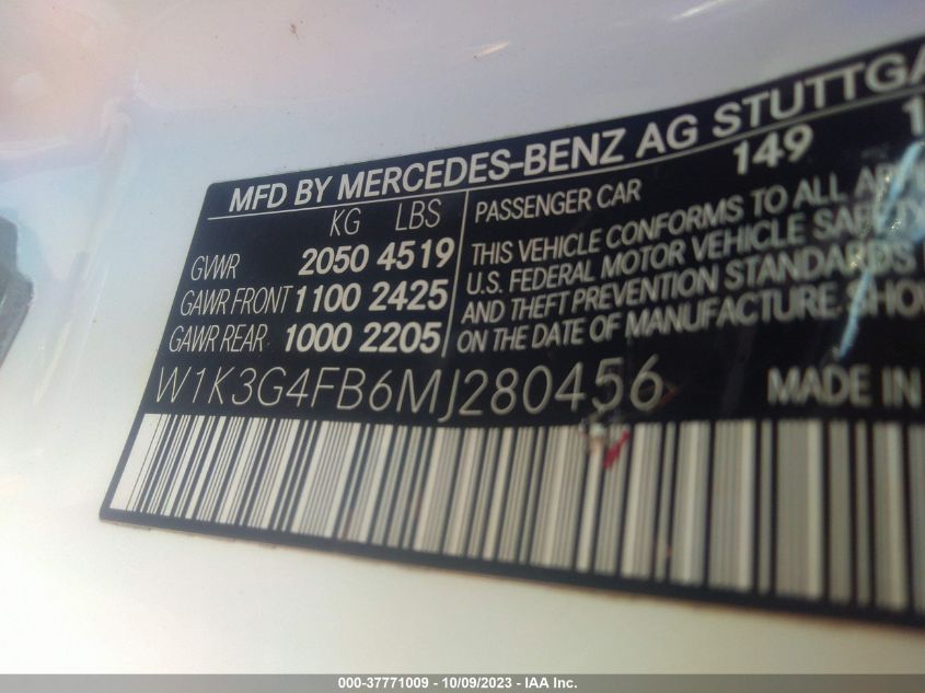 W1K3G4FB6MJ280456 2021 Mercedes-Benz A 220 4Matic