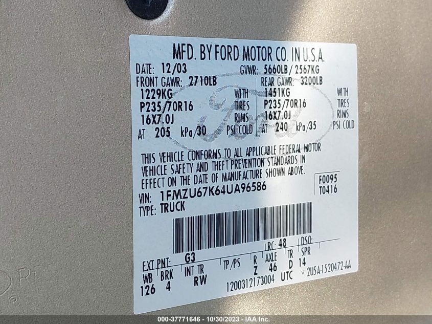 2004 Ford Explorer Sport Trac Xls/Xlt VIN: 1FMZU67K64UA96586 Lot: 37771646