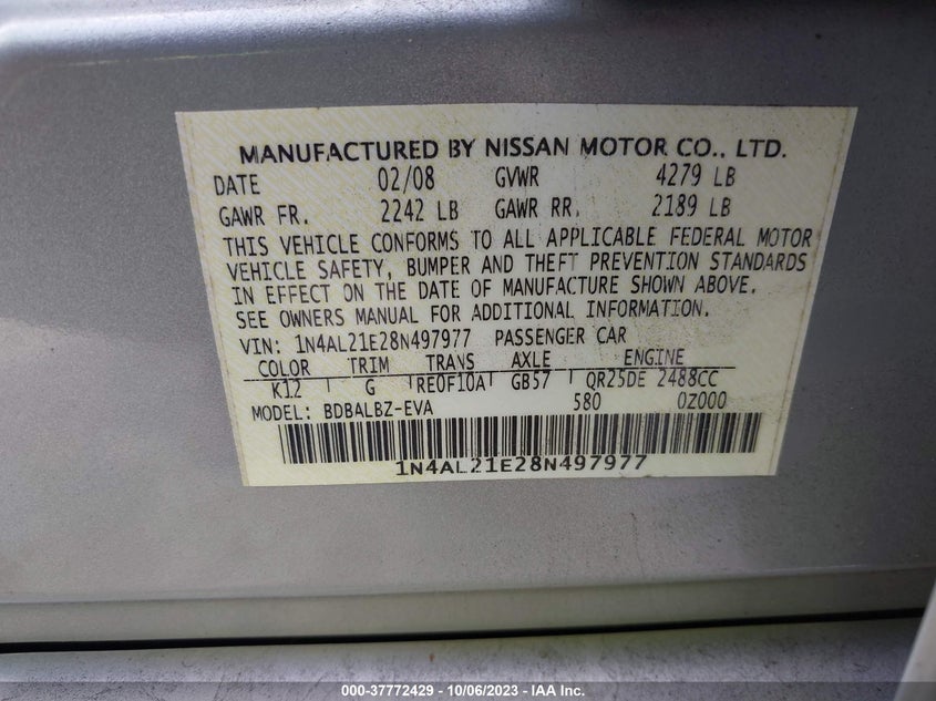 2008 Nissan Altima 2.5 Sl VIN: 1N4AL21E28N497977 Lot: 37772429