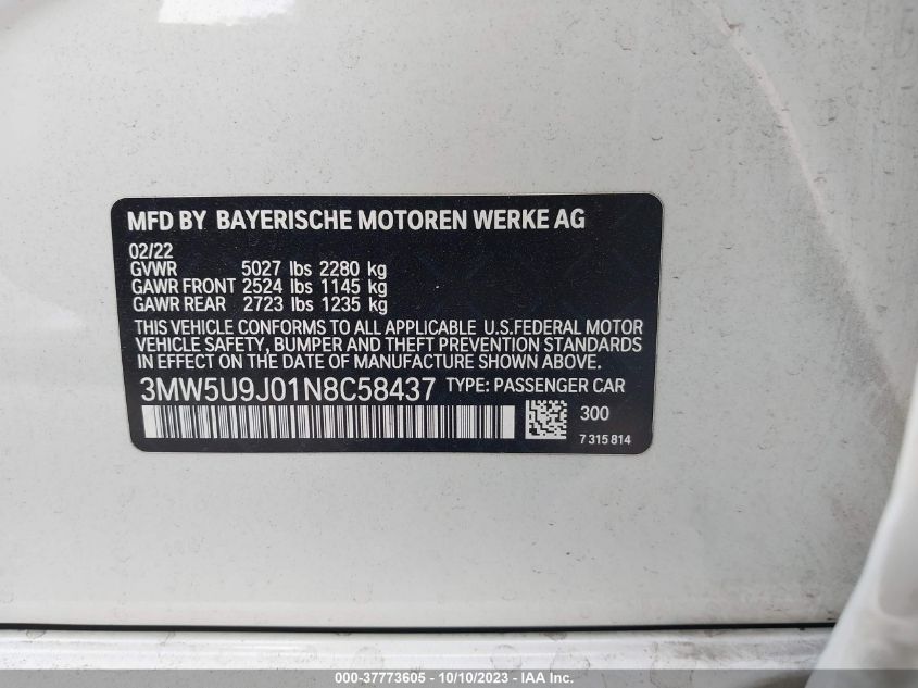 2022 BMW 3 Series M340I xDrive VIN: 3MW5U9J01N8C58437 Lot: 37773605