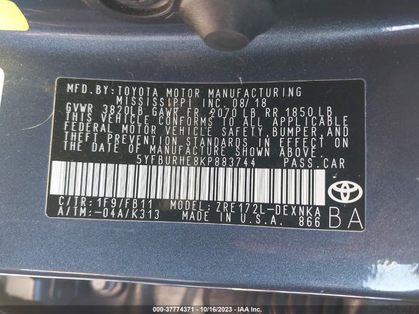 2019 Toyota Corolla Le VIN: 5YFBURHE8KP883744 Lot: 37774371