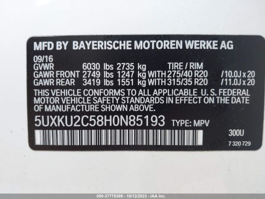 VIN 5UXKU2C58H0N85193 2017 BMW X6, Xdrive35I no.9