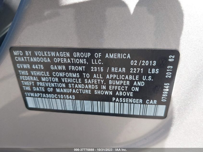 2013 Volkswagen Passat S W/Appearance VIN: 1VWAP7A30DC101543 Lot: 37775888