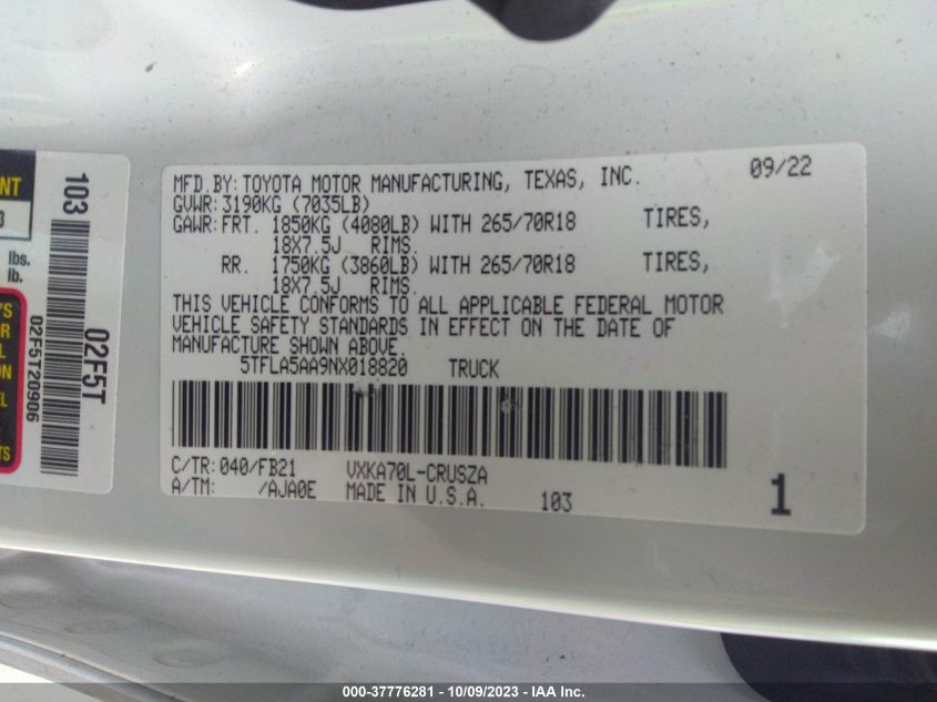 5TFLA5AA9NX018820 2022 Toyota Tundra Sr5