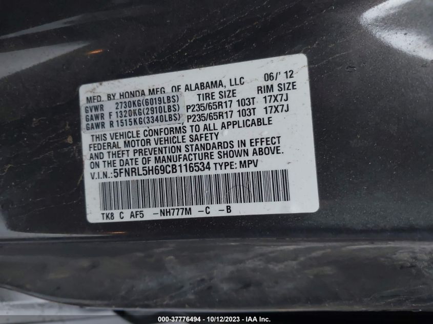 2012 Honda Odyssey Ex-L VIN: 5FNRL5H69CB116534 Lot: 37776494