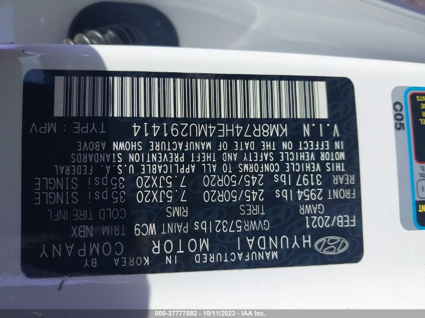 2021 Hyundai Palisade Calligraphy VIN: KM8R74HE4MU291414 Lot: 37777082