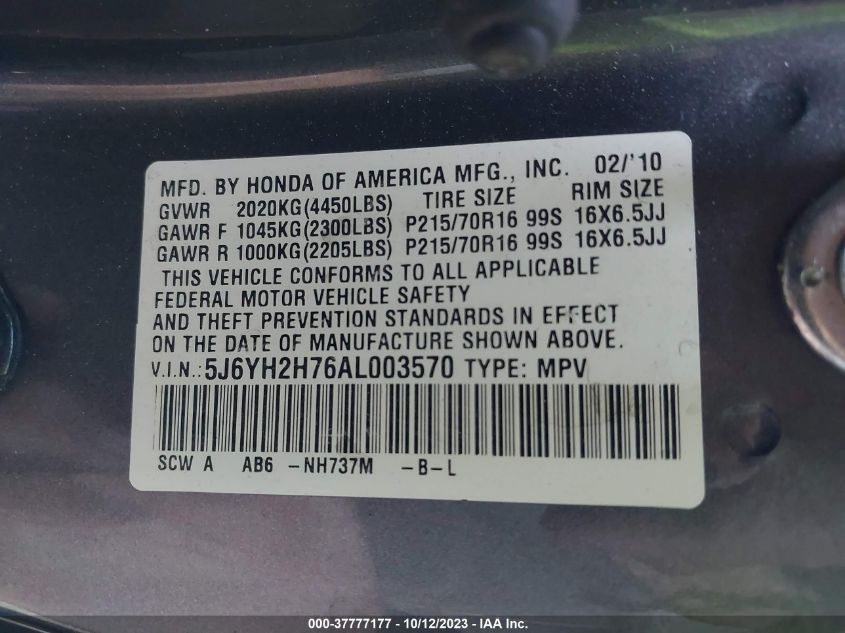 2010 Honda Element Ex VIN: 5J6YH2H76AL003570 Lot: 37777177