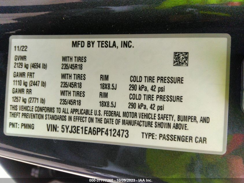 2023 Tesla Model 3 VIN: 5YJ3E1EA6PF412473 Lot: 37777260