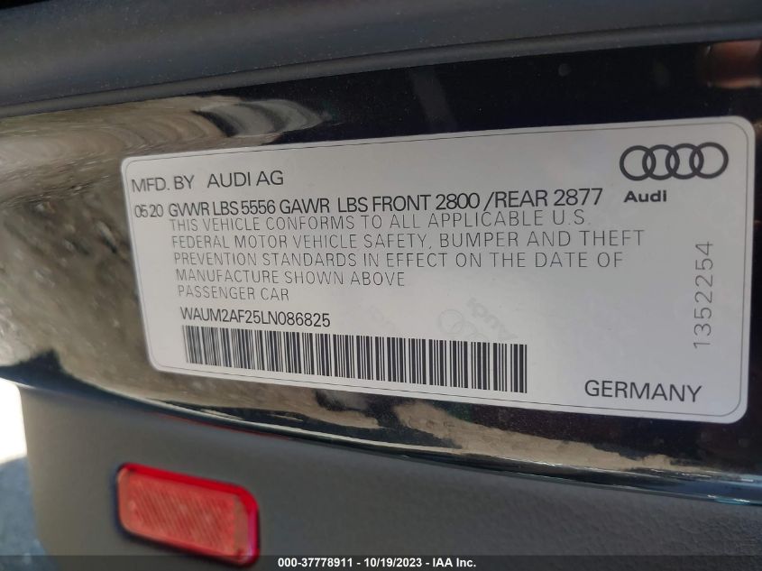 2020 Audi A6 Prestige VIN: WAUM2AF25LN086825 Lot: 37778911