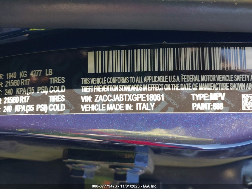2016 JEEP RENEGADE LATITUDE VIN: ZACCJABTXGPE18061