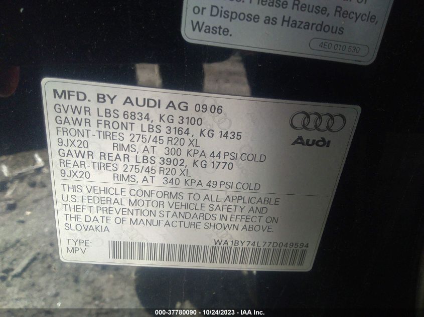 2007 Audi Q7 3.6 Premium VIN: WA1BY74L77D049594 Lot: 40436848