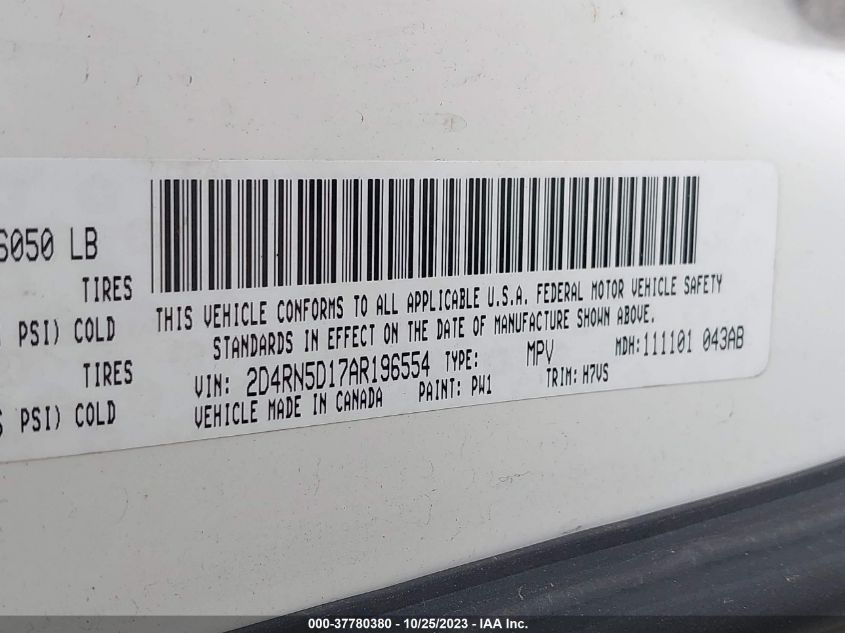 2010 Dodge Grand Caravan Sxt VIN: 2D4RN5D17AR196554 Lot: 37780380