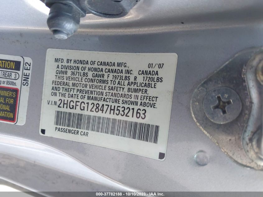 2HGFG12847H532163 2007 Honda Civic Cpe Ex
