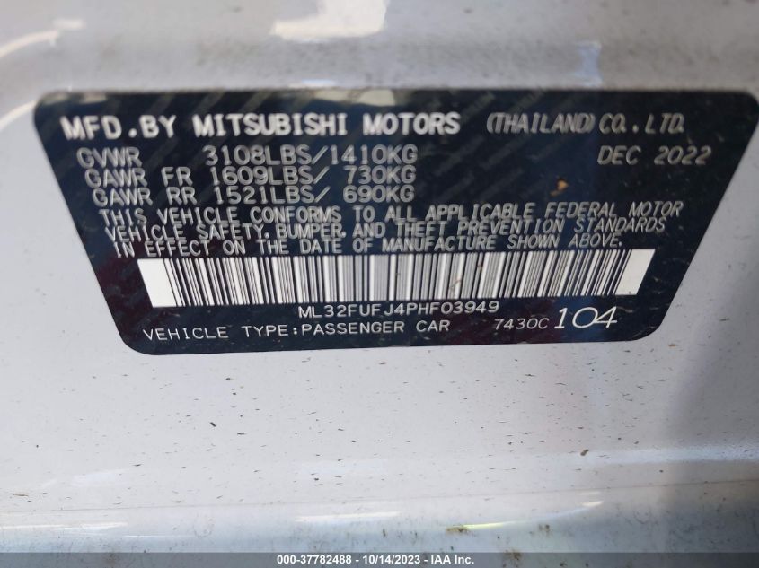 2023 Mitsubishi Mirage G4 Es VIN: ML32FUFJ9PHF03896 Lot: 38730719