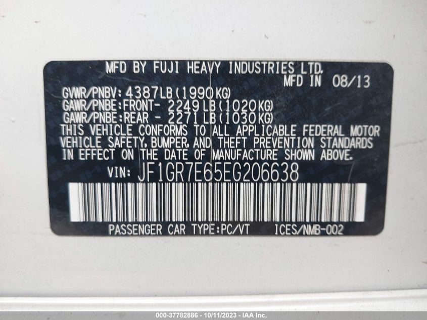 2014 Subaru Impreza Wagon Wrx Wrx VIN: JF1GR7E65EG206638 Lot: 37782886