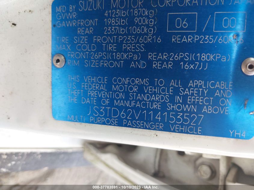 2001 Suzuki Grand Vitara Jlx/Jlx+/Limited VIN: JS3TD62V114153527 Lot: 37783591
