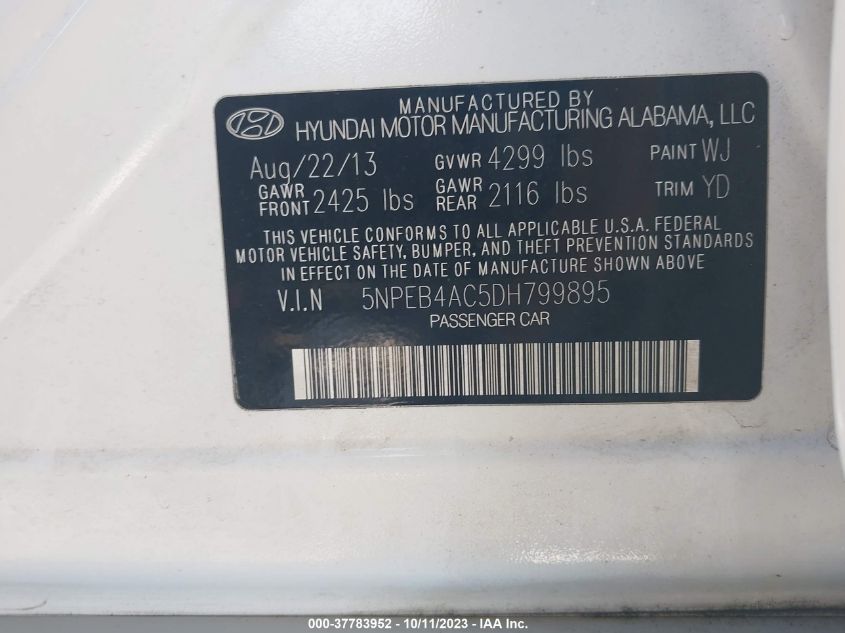 5NPEB4AC5DH799895 2013 Hyundai Sonata Gls