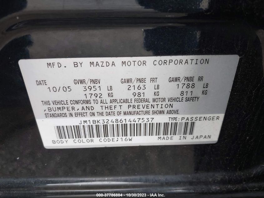 2006 Mazda Mazda3 S VIN: JM1BK324861447537 Lot: 37786884