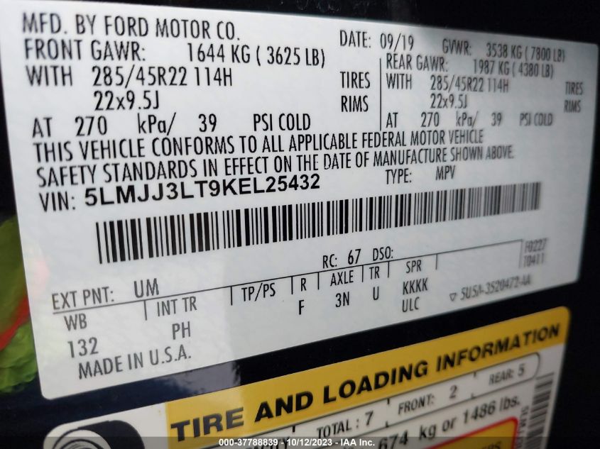2019 Lincoln Navigator L Reserve VIN: 5LMJJ3LT9KEL25432 Lot: 37788839
