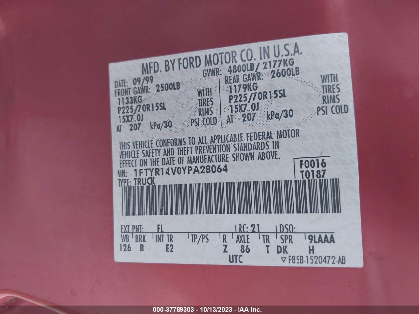 1FTYR14V0YPA28064 2000 Ford Ranger Xlt/Xl