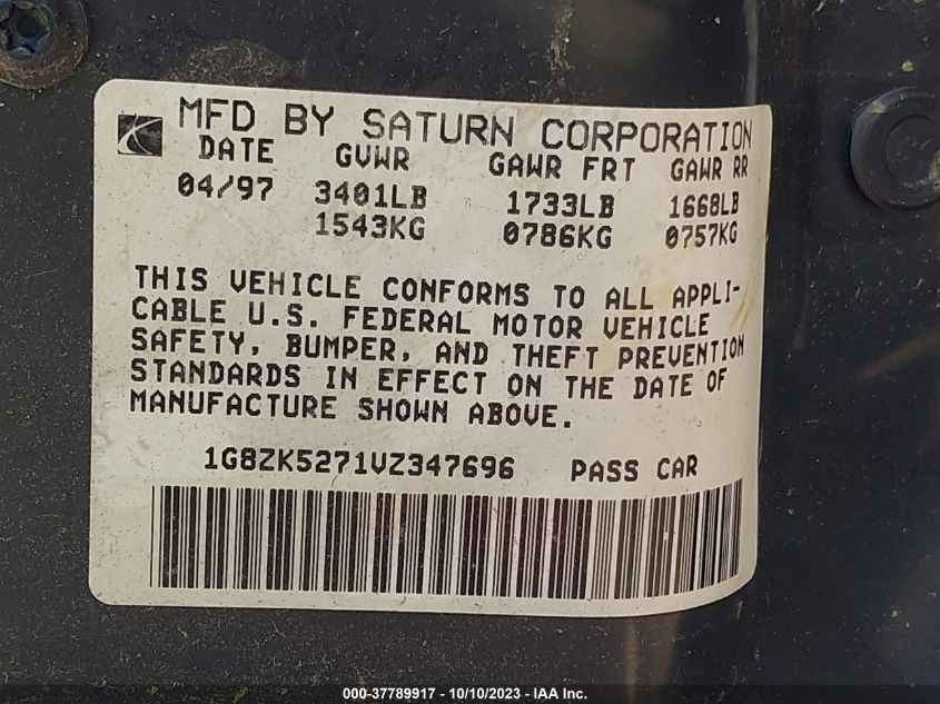 1997 Saturn Sl VIN: 1G8ZK5271VZ347696 Lot: 37789917