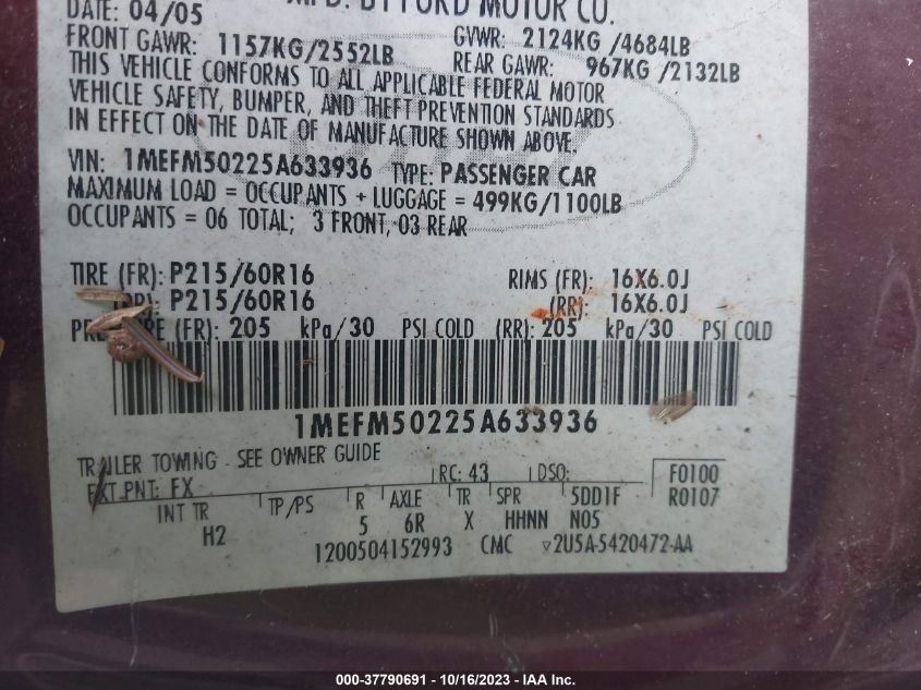 2005 Mercury Sable Gs VIN: 1MEFM50225A633936 Lot: 37790691