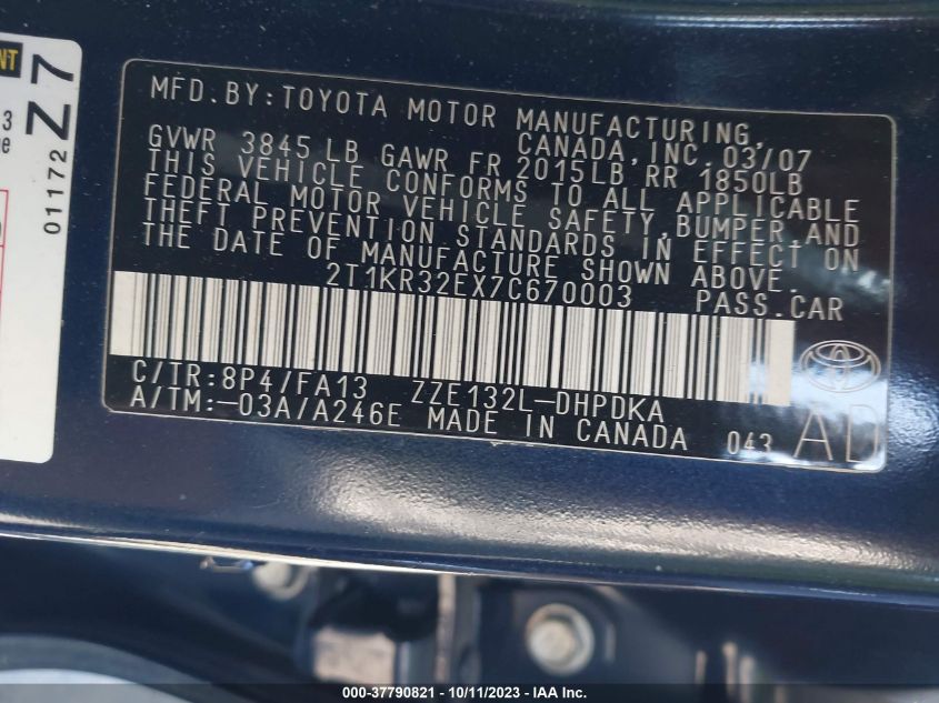 2007 Toyota Matrix Std/Xr VIN: 2T1KR32EX7C670003 Lot: 37790821