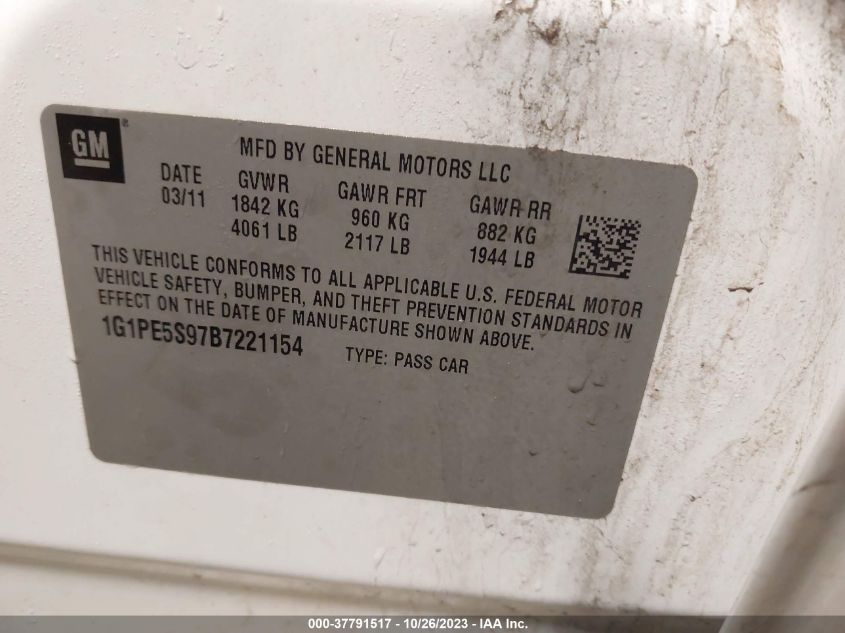2011 Chevrolet Cruze Lt W/1Fl VIN: 1G1PE5S97B7221154 Lot: 37791517