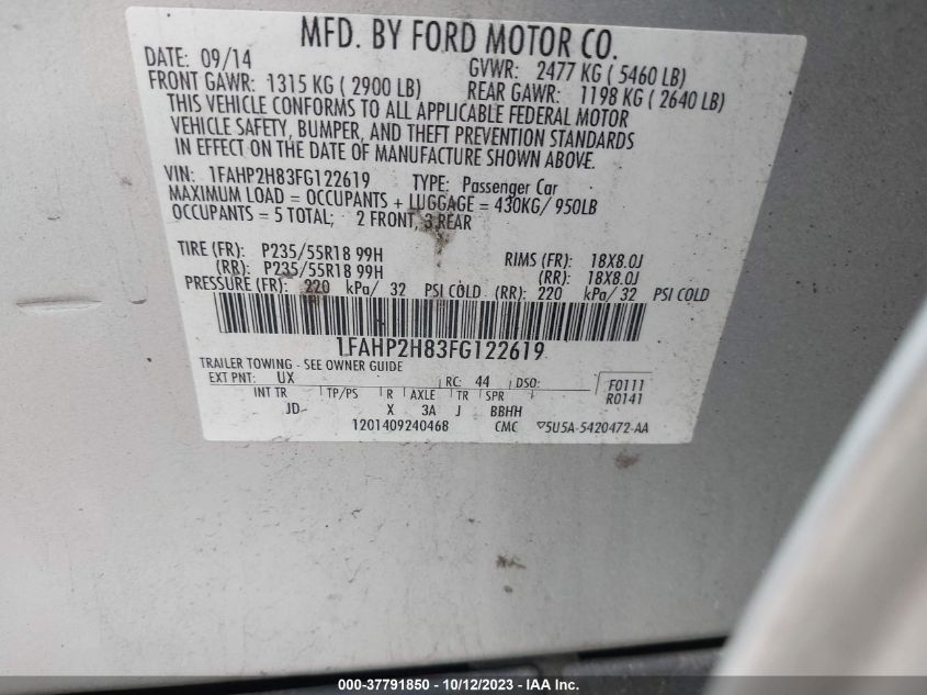 2015 Ford Taurus Sel VIN: 1FAHP2H83FG122619 Lot: 37791850