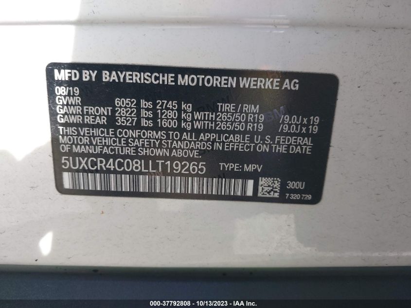 2020 BMW X5 Sdrive40I VIN: 5UXCR4C08LLT19265 Lot: 37792808