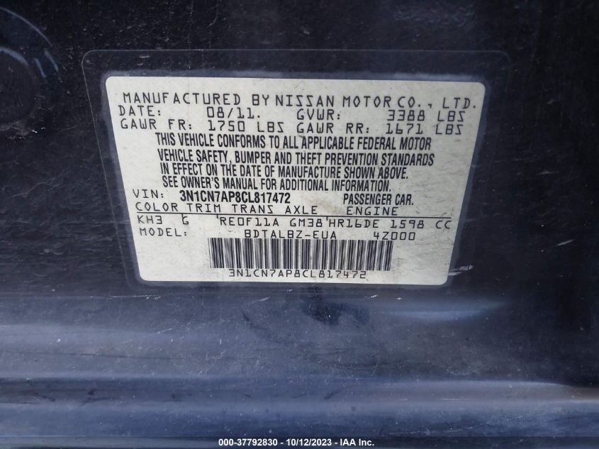 3N1CN7AP8CL817472 2012 Nissan Versa 1.6 Sv