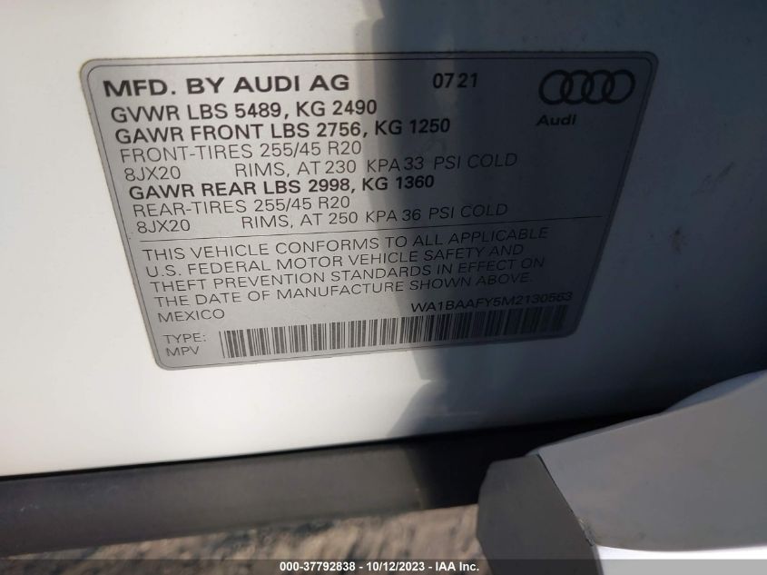 2021 Audi Q5 Premium Plus 45 Tfsi Quattro S Tronic VIN: WA1BAAFY5M2130563 Lot: 37792838