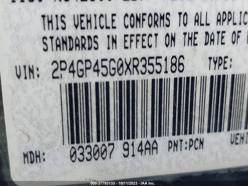 1999 Plymouth Voyager Se VIN: 2P4GP45G0XR355186 Lot: 37793133