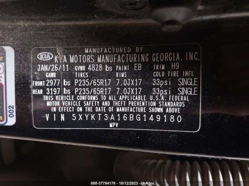 5XYKT3A16BG149180 2011 Kia Sorento Base