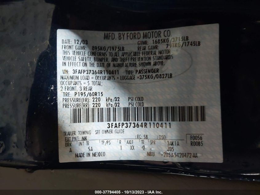 3FAFP37364R110411 2004 Ford Focus Zx5