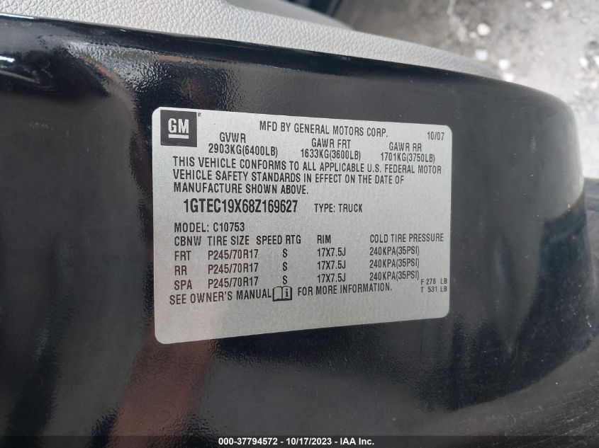 2008 GMC Sierra 1500 Work Truck VIN: 1GTEC19X68Z169627 Lot: 37794572