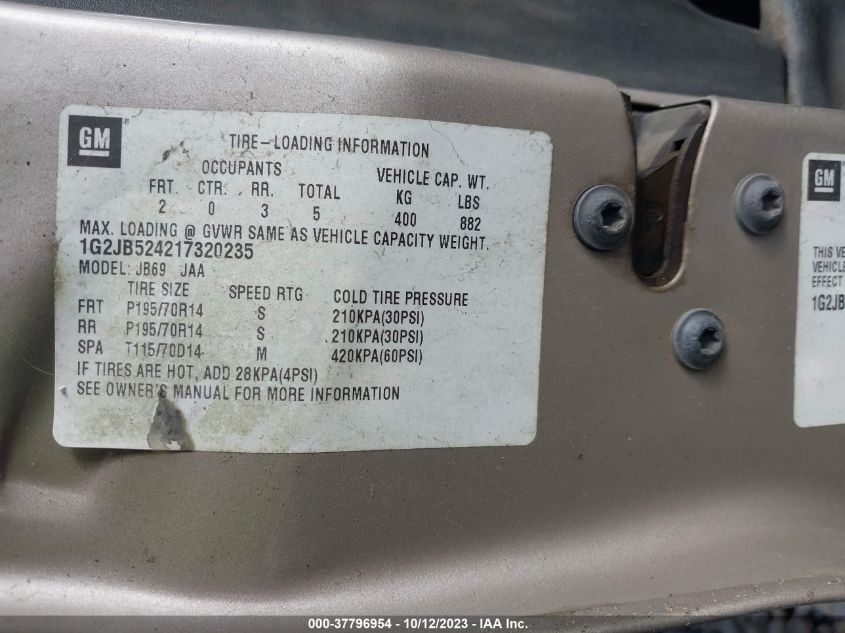 2001 Pontiac Sunfire Se VIN: 1G2JB524217320235 Lot: 37796954