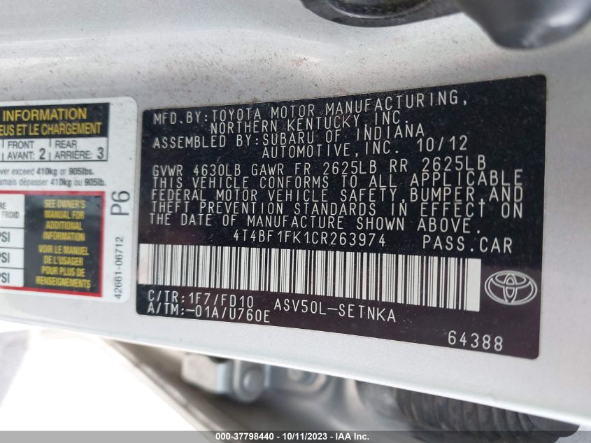 4T4BF1FK1CR263974 2012 Toyota Camry Le