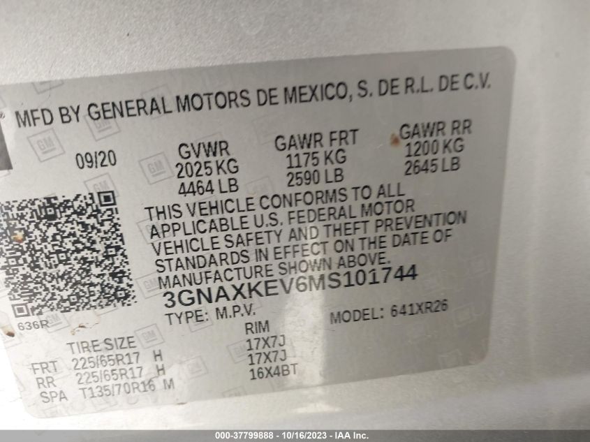 2021 Chevrolet Equinox Lt VIN: 3GNAXKEV6MS101744 Lot: 37799888