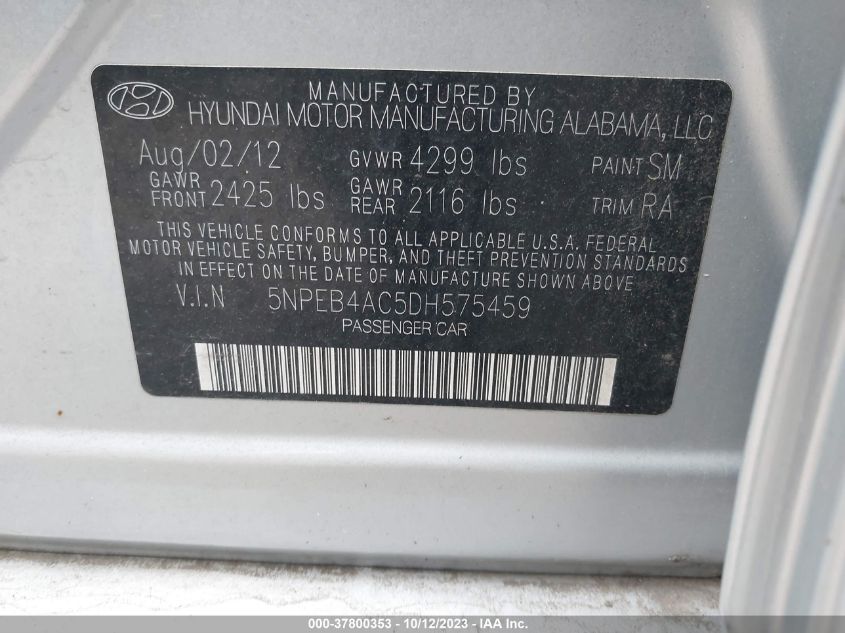 5NPEB4AC5DH575459 2013 Hyundai Sonata Gls