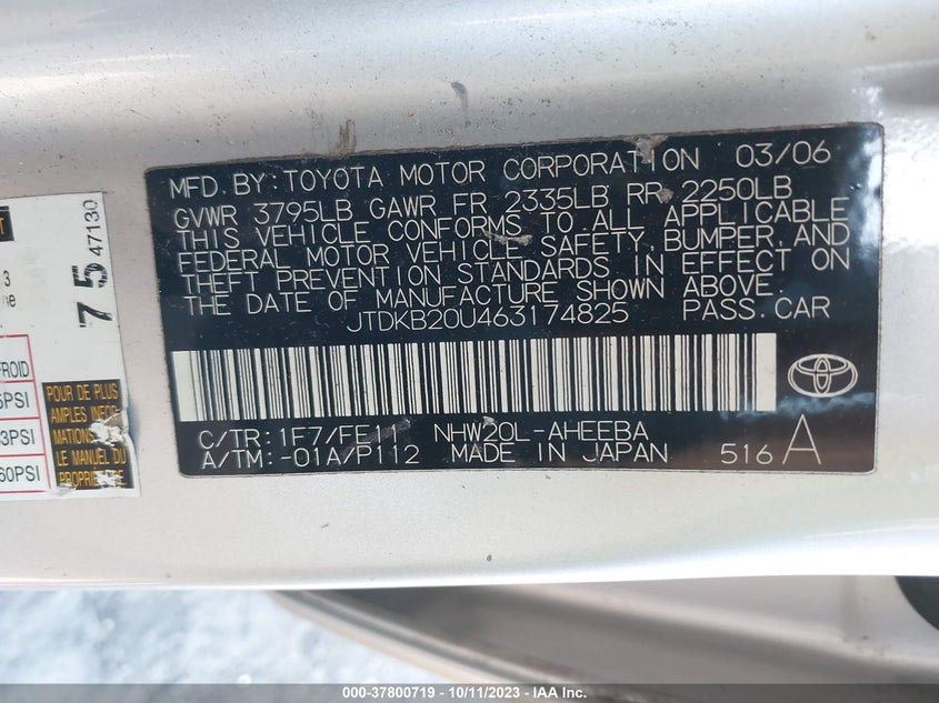 2006 Toyota Prius VIN: JTDKB20U463174825 Lot: 37800719